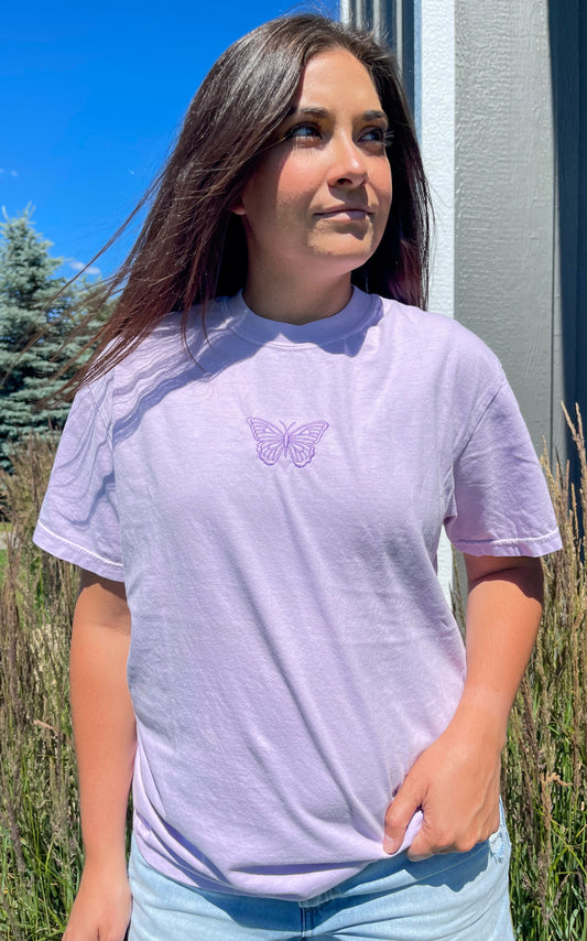 Lavender Butterfly Embroidered T-shirt