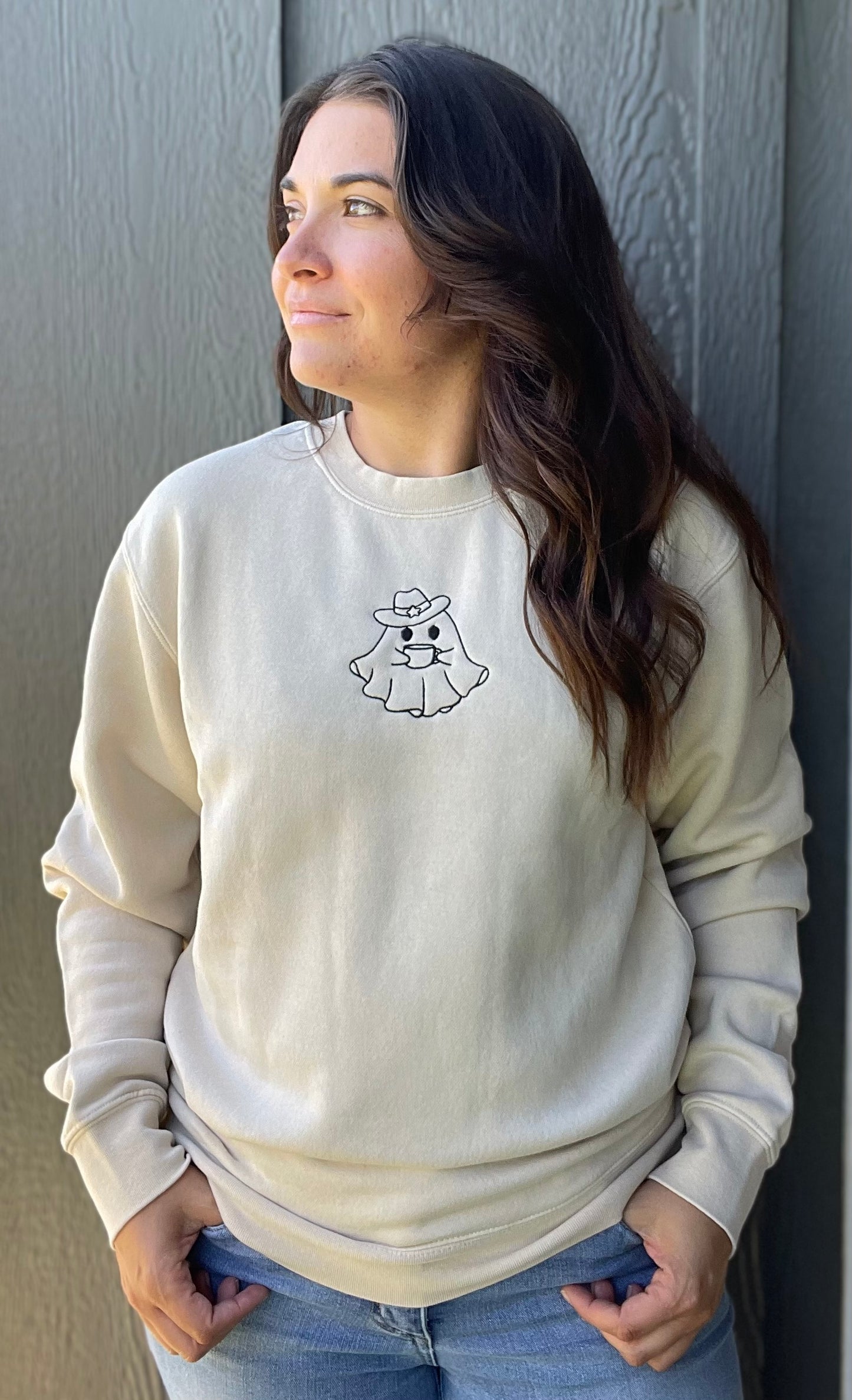 Coffee and Book Ghost Embroidered Crewneck