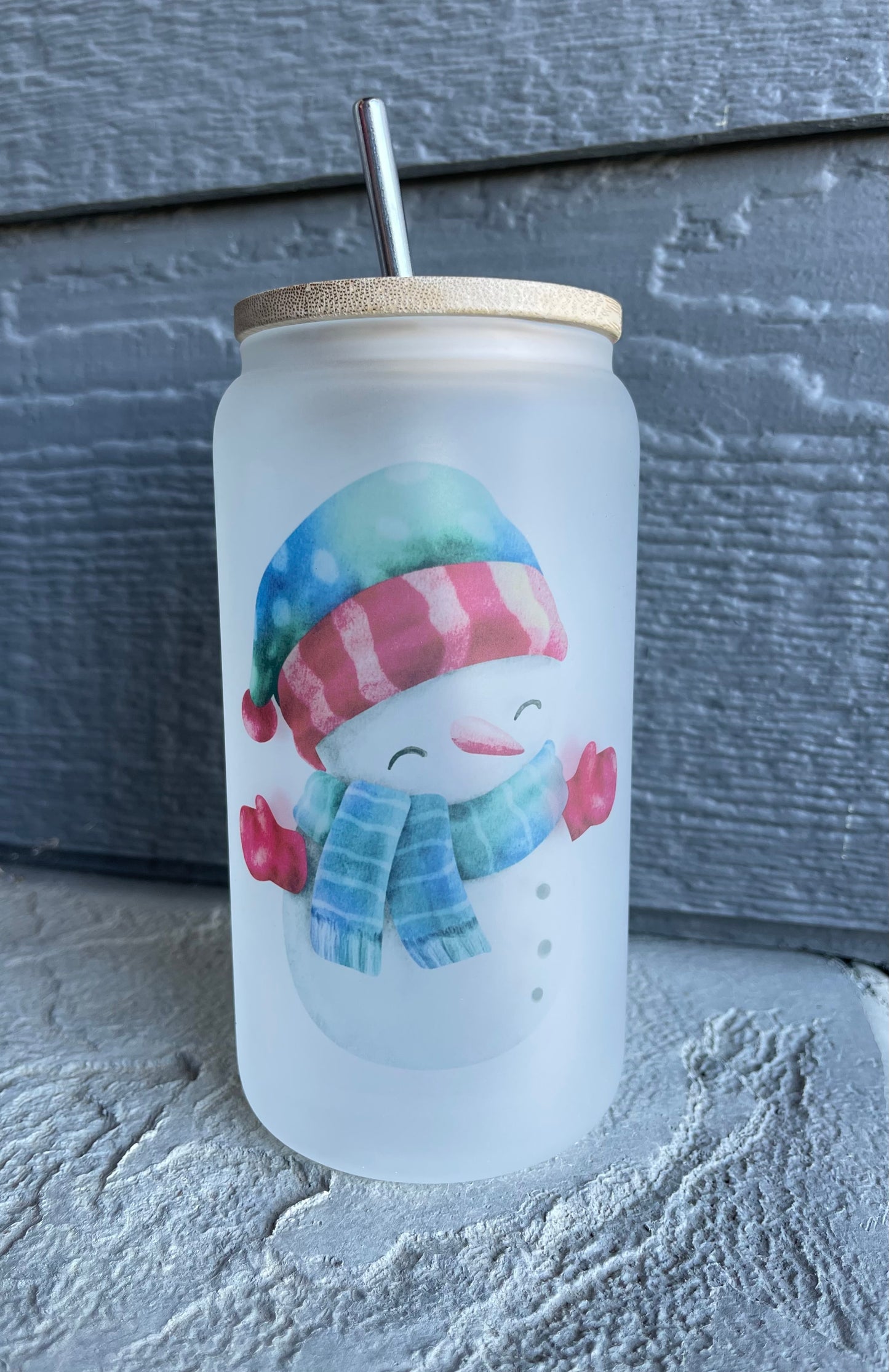 Snowman Frosted Glass Cup