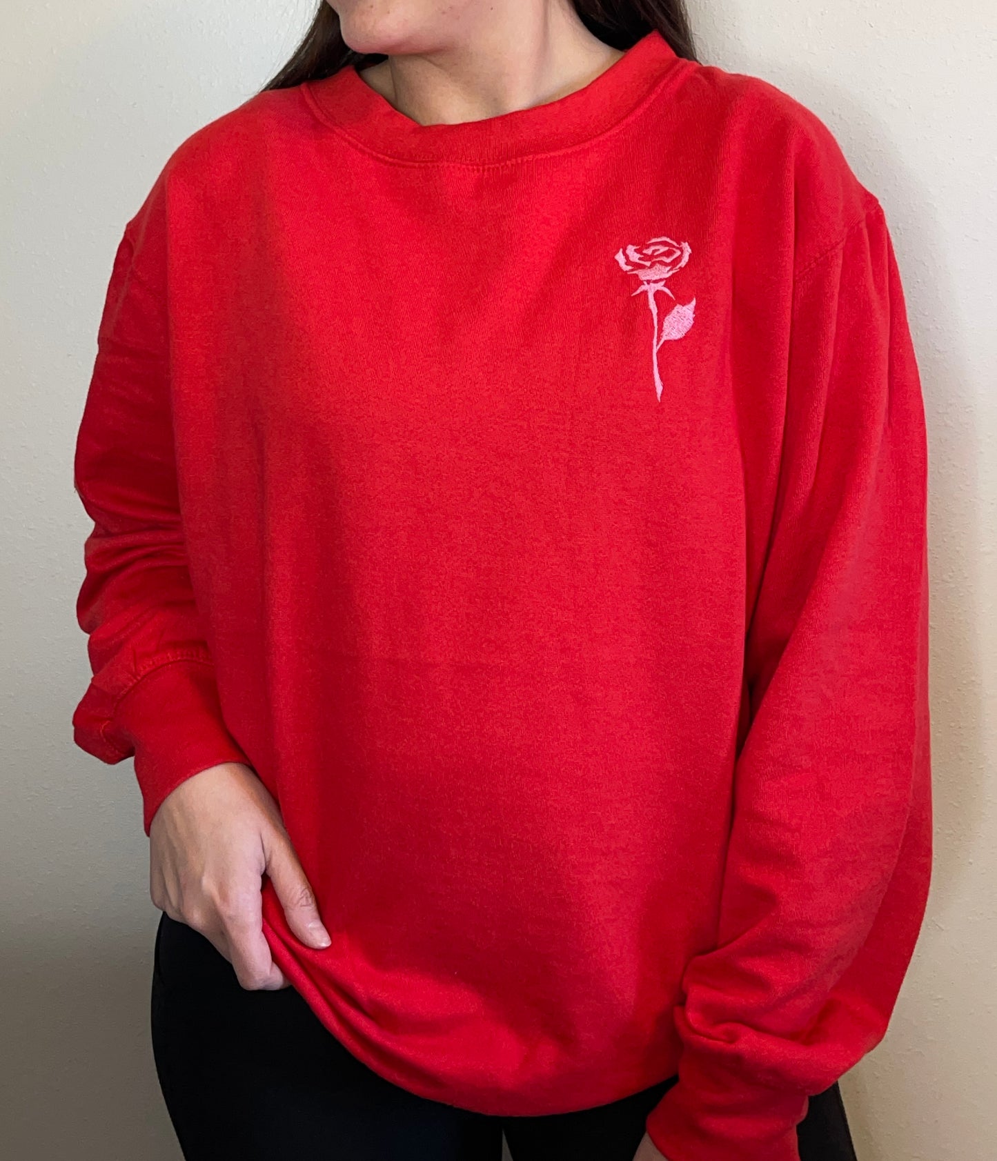 Red Rose Embroidered Crewneck