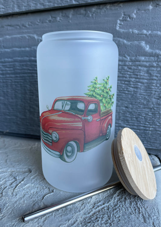 Christmas Truck Frosted Glass Cup