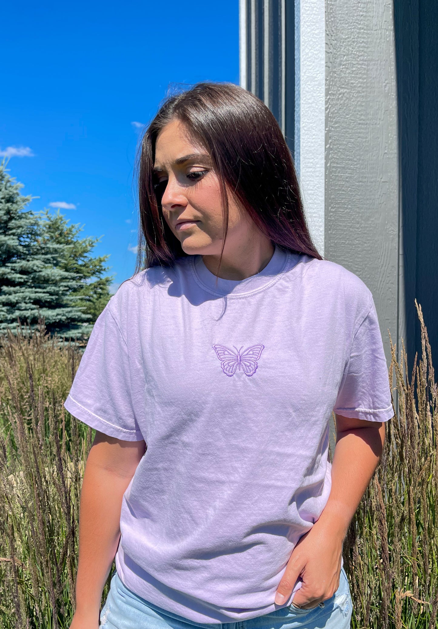 Lavender Butterfly Embroidered T-shirt