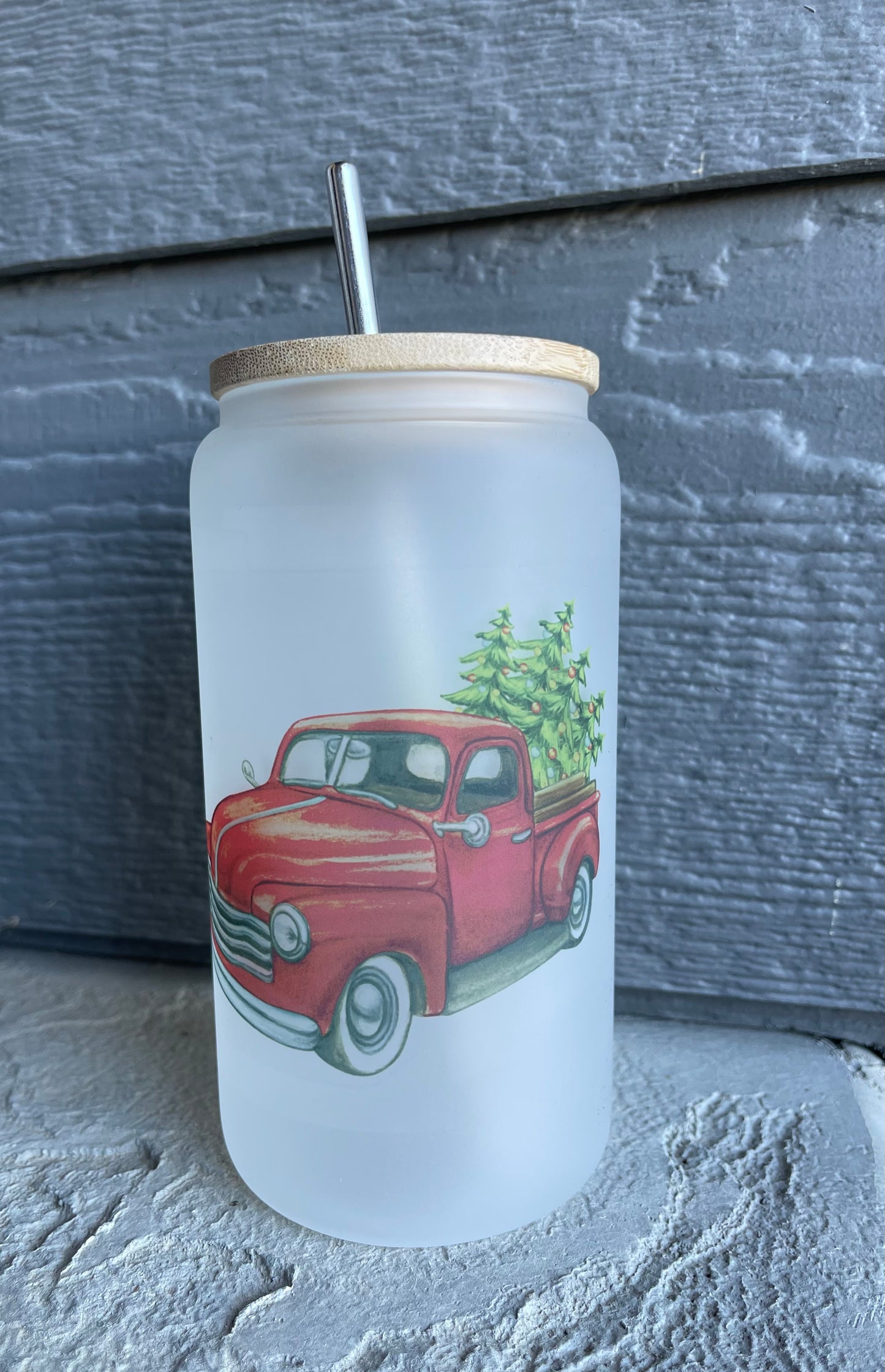 Christmas Truck Frosted Glass Cup